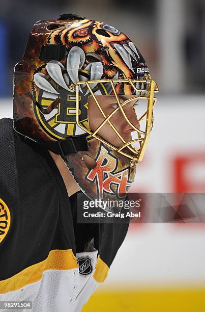 Tuukka Rask of the Boston Bruins looks on during a break in the game against the Toronto Maple Leafs on April 3, 2010 at the Air Canada Centre in...