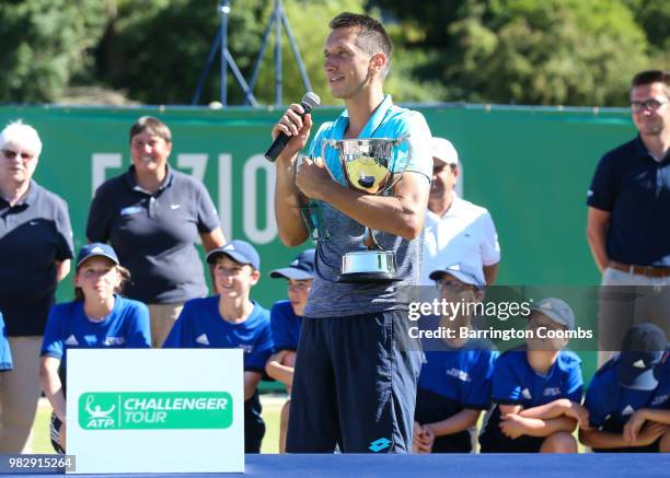 Sergiy Stakhovsky of the Ukraine speaks tot eh crowd after winning the final against Oscar Otte of Germany on day Eight of the Fuzion 100 Ikley...