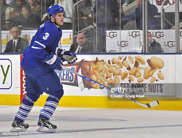 Dion Phaneuf of the Toronto Maple Leafs skates during the game against the Boston Bruins on April 3, 2010 at the Air Canada Centre in Toronto,...