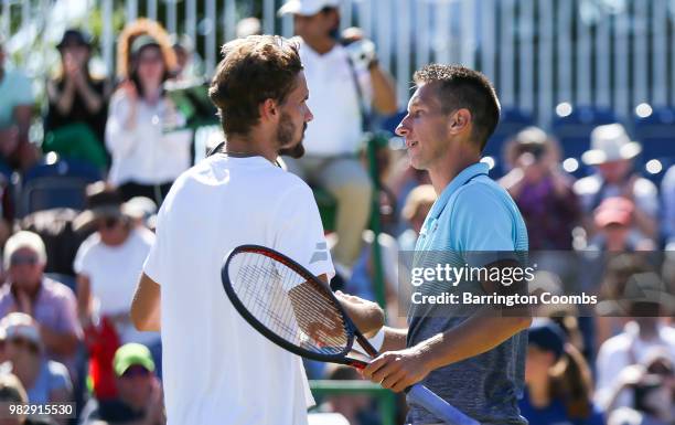 Oscar Otte of Germany and Sergiy Stakhovsky of the Ukraine shake hands at the end of the match during the Mens final on day Eight of the Fuzion 100...