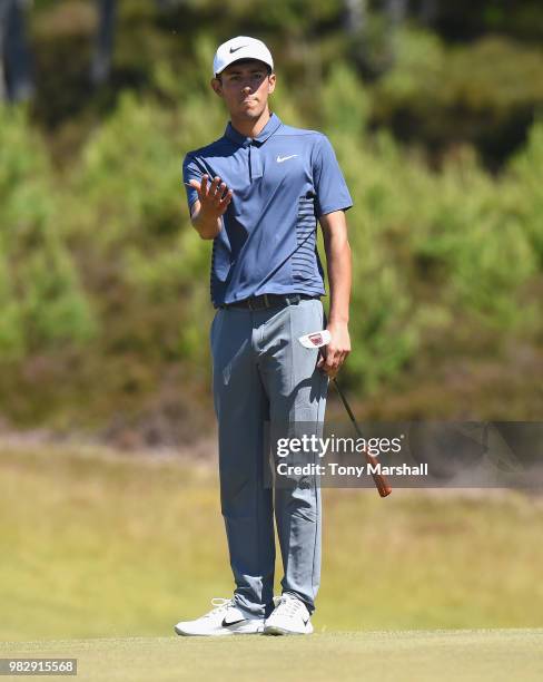 Jack Singh Brar of England reacts to his putt on the 8th green during Day Four of the SSE Scottish Hydro Challenge hosted by Macdonald Hotels and...