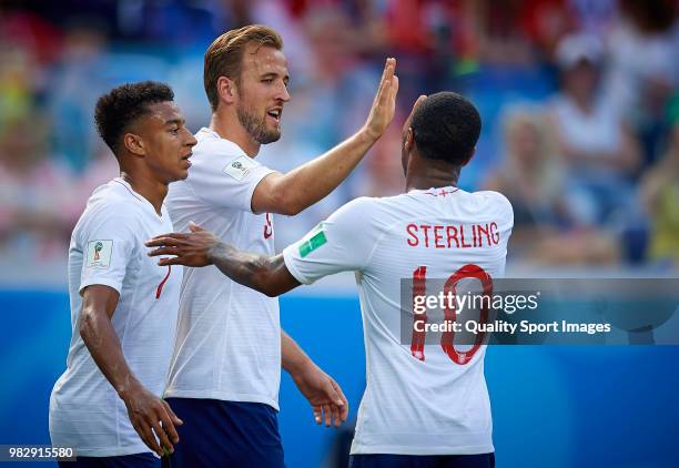 Harry Kane of England celebrates with his teammates after scoring the third goal during the 2018 FIFA World Cup Russia group G match between England...