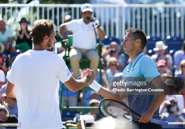 Oscar Otte of Germany and Sergiy Stakhovsky of the Ukraine shake hands at the end of the match during the Mens final on day Eight of the Fuzion 100...