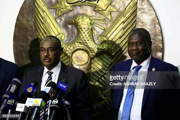 South Sudan's rebel leader Riek Machar attends a press conference with Sudanese Foreign Minister al-Dirdiri Mohamed Ahmed prior to peace talks in...