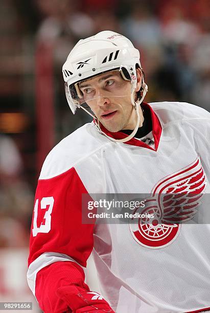 Pavel Datsyuk of the Detroit Red Wings looks on during a stoppage in play against the Philadelphia Flyers on April 4, 2010 at the Wachovia Center in...