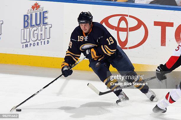 Tim Connolly of the Buffalo Sabres skates with the puck during the game against the Ottawa Senators at HSBC Arena on March 26, 2010 in Buffalo, New...