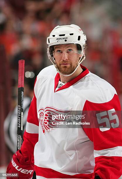 Niklas Kronwall of the Detroit Red Wings looks on during a stoppage in play against the Philadelphia Flyers on April 4, 2010 at the Wachovia Center...