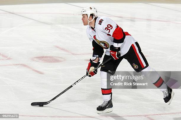 Matt Carkner of the Ottawa Senators skates with the puck during the game against the Buffalo Sabres at HSBC Arena on March 26, 2010 in Buffalo, New...