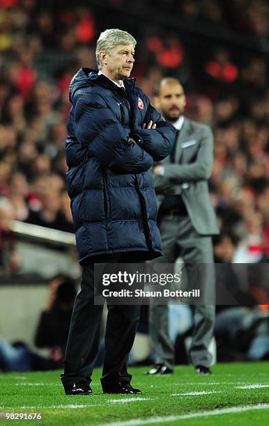 Manager of Arsenal Arsene Wenger looks dejected during the UEFA Champions League quarter final second leg match between Barcelona and Arsenal at Camp...