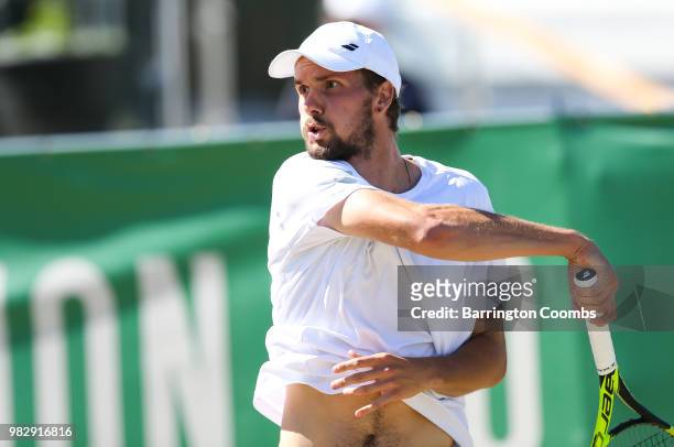 Oscar Otte of Germany in action during the Men's final between Sergiy Stakhovsky of the Ukraine and Oscar Otte of Germany on day Eight of the Fuzion...
