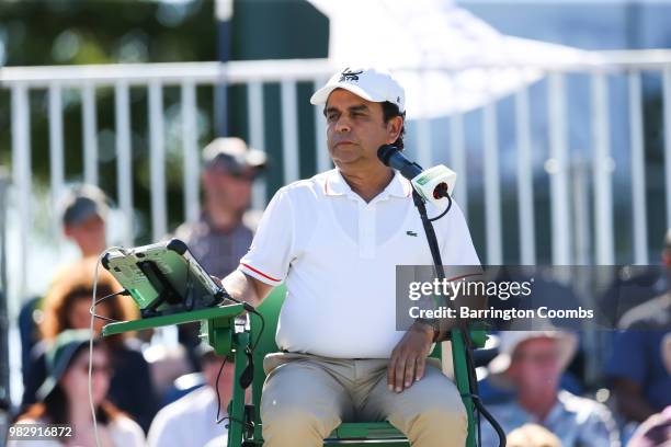 The umpire looks on during the Men's final between Sergiy Stakhovsky of the Ukraine and Oscar Otte of Germany on day Eight of the Fuzion 100 Ikley...