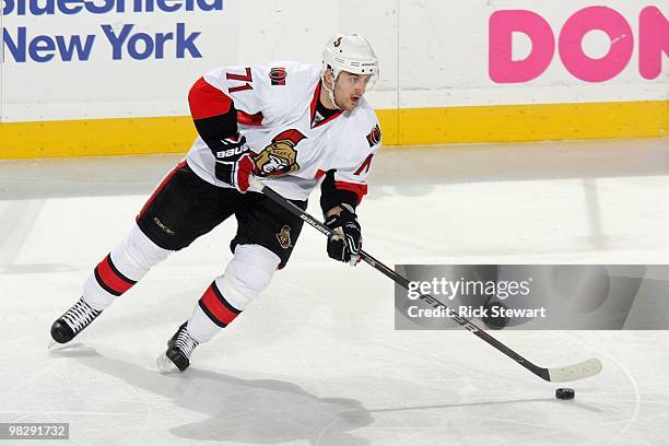 Nick Foligno of the Ottawa Senators skates with the puck during the game against the Buffalo Sabres at HSBC Arena on March 26, 2010 in Buffalo, New...