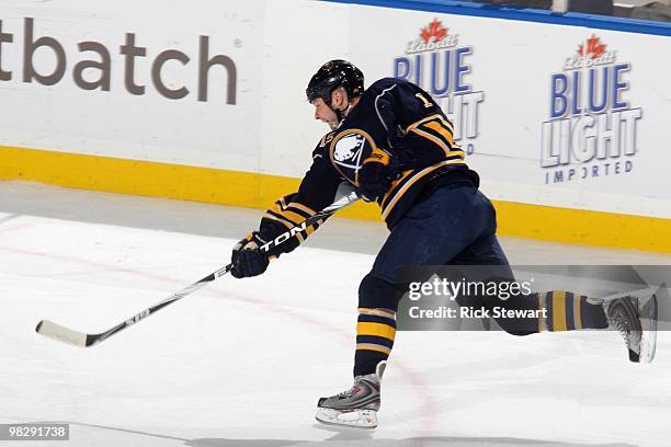 Tim Connolly of the Buffalo Sabres shoots the puck during the game against the Ottawa Senators at HSBC Arena on March 26, 2010 in Buffalo, New York.