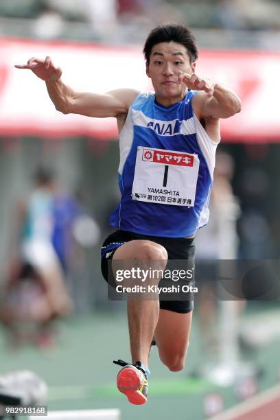 Kohei Yamashita competes in the Men's Triple Jump final on day three of the 102nd JAAF Athletic Championships at Ishin Me-Life Stadium on June 24,...