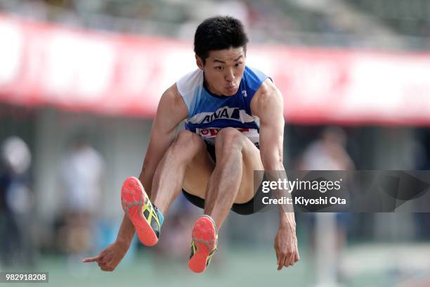 Kohei Yamashita competes in the Men's Triple Jump final on day three of the 102nd JAAF Athletic Championships at Ishin Me-Life Stadium on June 24,...