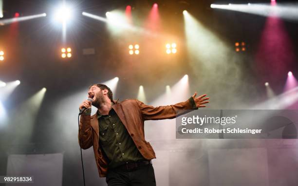 Marco Michael Wanda of Austrian Rock-Band Wanda performs live on stage during the third day of the Hurricane festival on June 24, 2018 in Scheessel,...