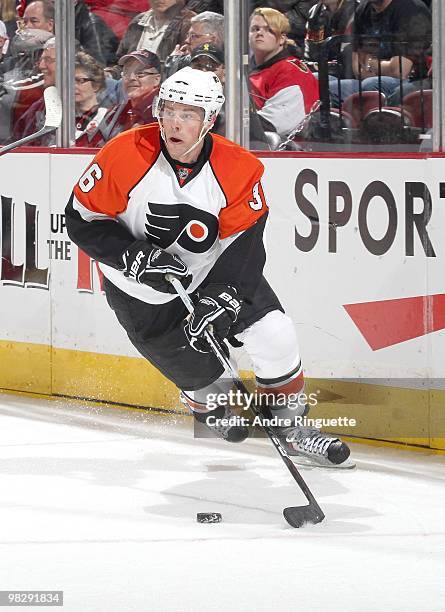 Darroll Powe of the Philadelphia Flyers skates against the Ottawa Senators at Scotiabank Place on March 23, 2010 in Ottawa, Ontario, Canada.