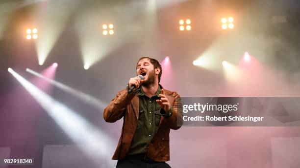 Marco Michael Wanda of Austrian Rock-Band Wanda performs live on stage during the third day of the Hurricane festival on June 24, 2018 in Scheessel,...