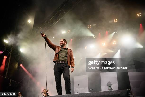 Marco Michael Wanda of Austrian Rock-Band Wanda performs live on stage during the third day of the Hurricane festival on June 24, 2018 in Scheessel,...