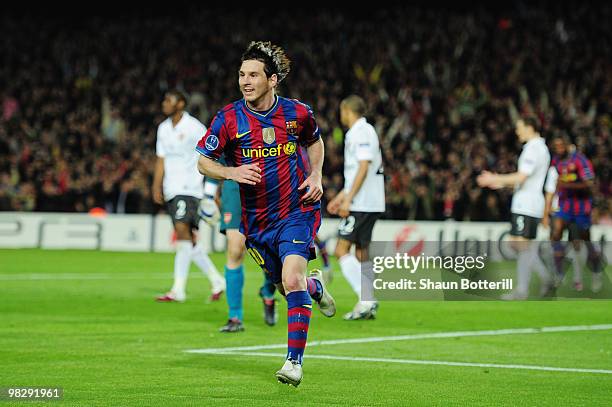 Lionel Messi of Barcelona celebrates scoring his second goal during the UEFA Champions League quarter final second leg match between Barcelona and...
