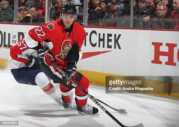 Playing in his 400th carrer NHL game, Chris Kelly of the Ottawa Senators skates against the Florida Panthers at Scotiabank Place on March 27, 2010 in...