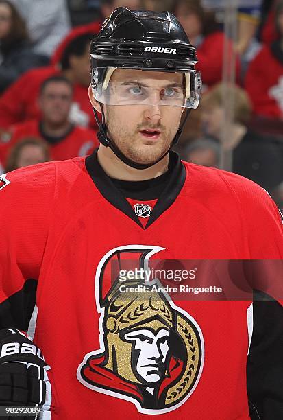 Nick Foligno of the Ottawa Senators looks on during a stoppage in play against the Florida Panthers at Scotiabank Place on March 27, 2010 in Ottawa,...