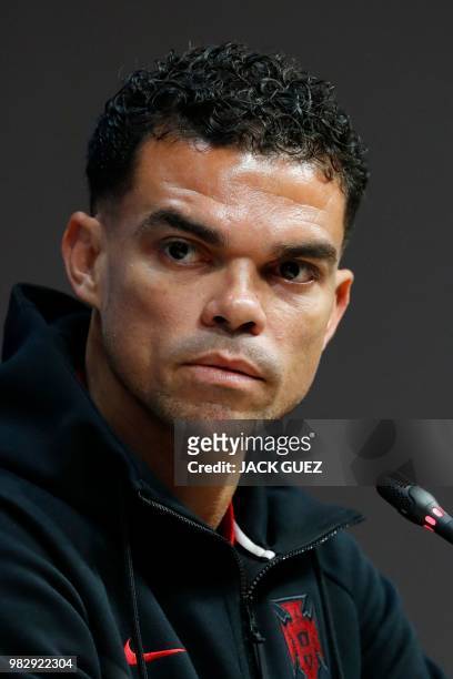 Portugal's defender Pepe gives a press conference at the Mordovia Arena in Saransk on June 24 on the eve of their Russia 2018 World Cup Group B...