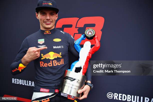 Second place finisher Max Verstappen of Netherlands and Red Bull Racing celebrates with his trophy after the Formula One Grand Prix of France at...