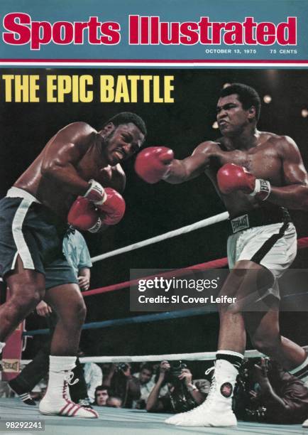 October 13, 1975 Sports Illustrated via Getty Images Cover: Boxing: WBC/WBA Heavyweight Title: Muhammad Ali in action, throwing punch vs Joe Frazier...