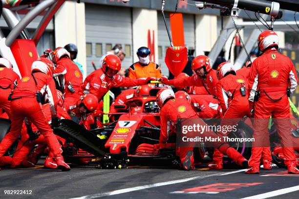 Kimi Raikkonen of Finland driving the Scuderia Ferrari SF71H makes a pit stop for new tyres during the Formula One Grand Prix of France at Circuit...