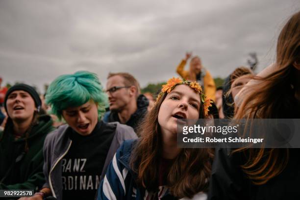 Fans of Austrian Rock-Band Wanda during the live performance during the third day of the Hurricane festival on June 24, 2018 in Scheessel, Germany.
