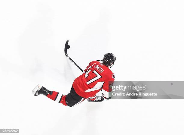 Zack Smith of the Ottawa Senators shoots the puck during warmups prior to a game against the Florida Panthers at Scotiabank Place on March 27, 2010...
