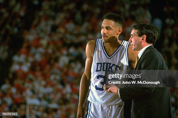 Final Four: Duke coach Mike Krzyzewski talking to player Grant Hill during game vs Indiana at H.H. Humphrey Metrodome. Minneapolis, MN 4/4/1992...