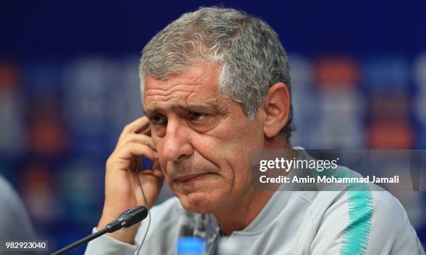 Fernando Santos, head coach of Portugal looks on during a press Conference before match 35 Between Iran & Portugal on June 24, 2018 in Saransk,...