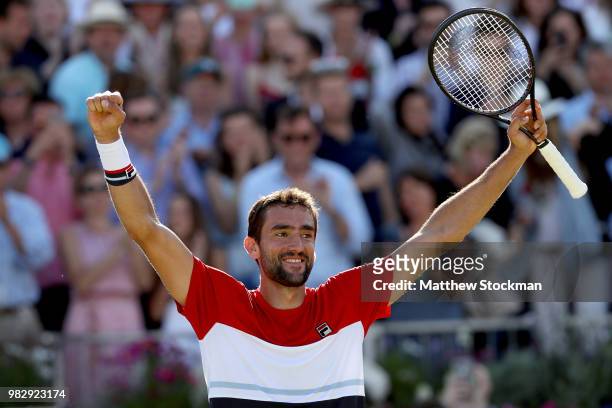 Marin Cilic of Croatia celebrates his win during his men's singles final match against Novak Djokovic of Serbia on Day Seven of the Fever-Tree...