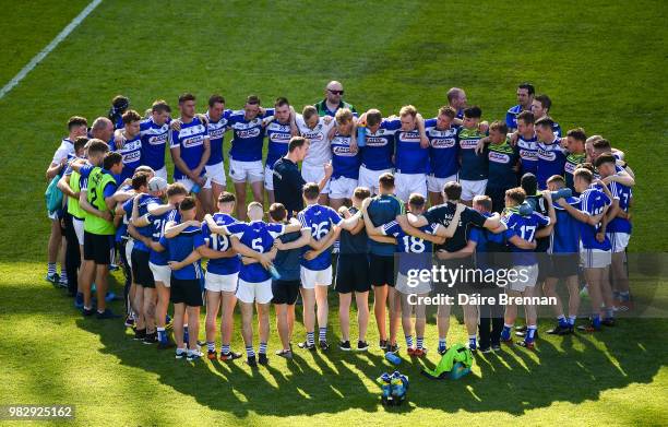 Dublin , Ireland - 24 June 2018; Laois manager John Sugrue speaks to his players after the Leinster GAA Football Senior Championship Final match...