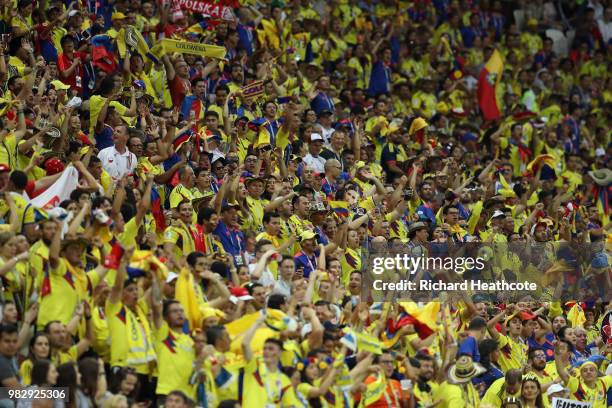 Colombia fans show their support during the 2018 FIFA World Cup Russia group H match between Poland and Colombia at Kazan Arena on June 24, 2018 in...