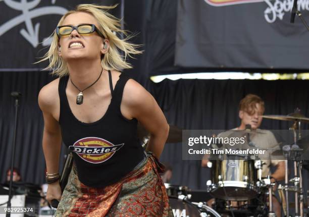 Jenna McDougall of Tonight Alive performs during the 2018 Vans Warped Tour at Shoreline Amphitheatre on June 23, 2018 in Mountain View, California.