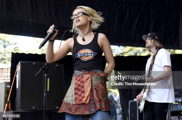 Jenna McDougall of Tonight Alive performs during the 2018 Vans Warped Tour at Shoreline Amphitheatre on June 23, 2018 in Mountain View, California.