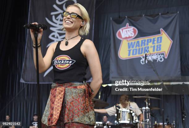 Jenna McDougall of Tonight Alive performs during the 2018 Vans Warped Tour at Shoreline Amphitheatre on June 23, 2018 in Mountain View, California.