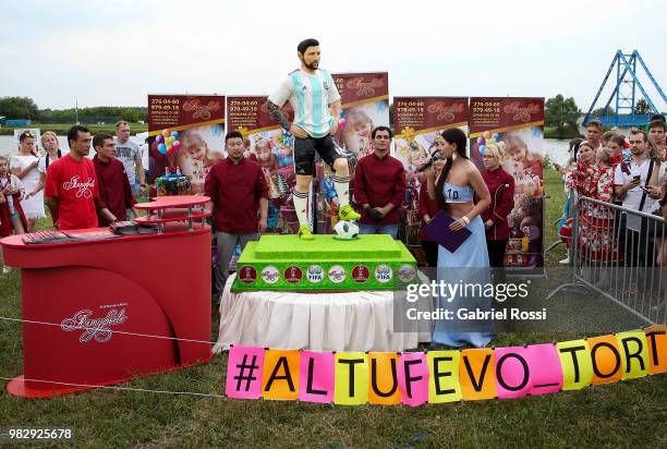 Cake with the figure of Lionel Messi is exhibited during a celebration made by fans and local villagers of Bronnitsy who gather to commemorate Lionel...