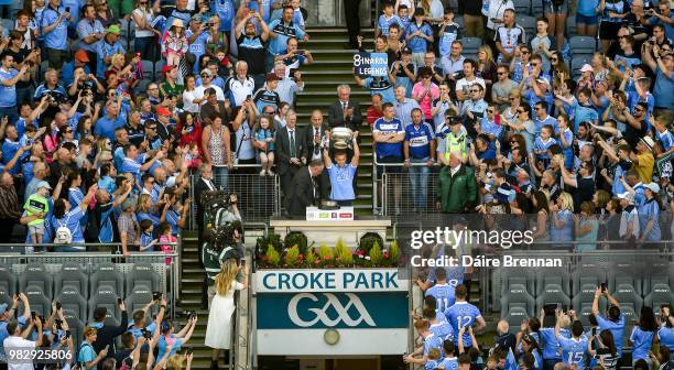 Dublin , Ireland - 24 June 2018; Dublin captain Jonny Cooper lifts the Delaney Cup after the Leinster GAA Football Senior Championship Final match...