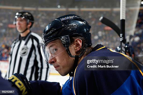 Erik Johnson of the St. Louis Blues watches the action from the bench in a game against the Columbus Blue Jackets on April 5, 2010 at Scottrade...