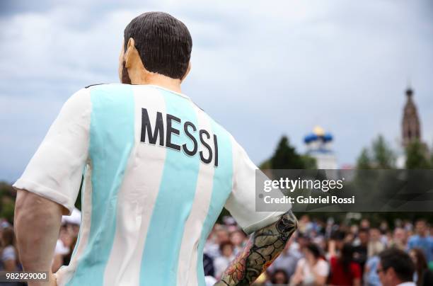 Detail of the birthday cake with the figure of Lionel Messi during a celebration made by fans and local villagers of Bronnitsy gather to commemorate...