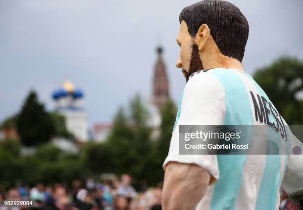 Detail of the birthday cake with the figure of Lionel Messi during a celebration made by fans and local villagers of Bronnitsy gather to commemorate...