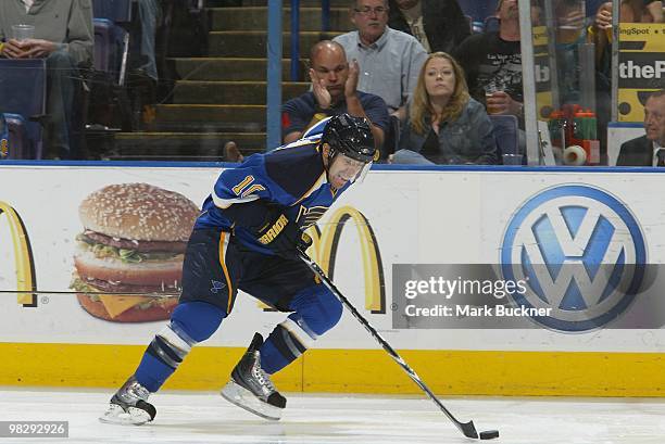 Andy McDonald the St. Louis Blues skates against the Columbus Blue Jackets on April 5, 2010 at Scottrade Center in St. Louis, Missouri.