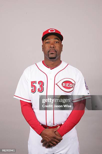 Arthur Rhodes of the Cincinnati Reds poses during Photo Day on Wednesday, February 24, 2010 at Goodyear Ballpark in Goodyear, Arizona.