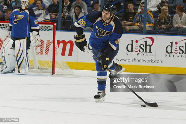 Carlo Colaiacovo of the St. Louis Blues skates against the Columbus Blue Jackets on April 5, 2010 at Scottrade Center in St. Louis, Missouri.