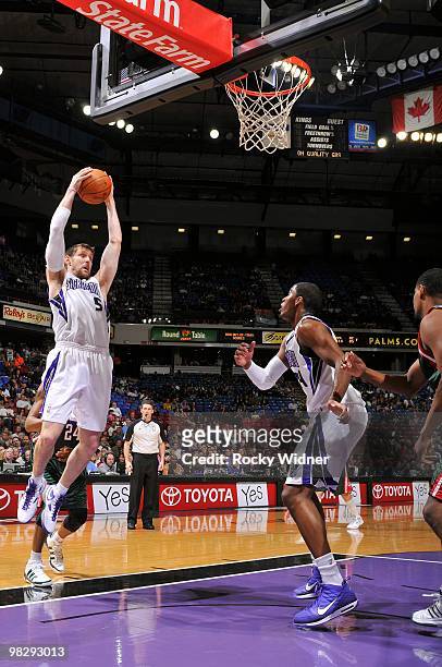 Andres Nocioni of the Sacramento Kings rebounds during the game against the Milwaukee Bucks at Arco Arena on March 19, 2010 in Sacramento,...