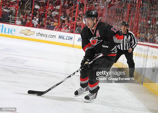 Ray Whitney of the Carolina Hurricanes controls the puck on the ice during a NHL game against the New Jersey Devils on April 3, 2010 at RBC Center in...